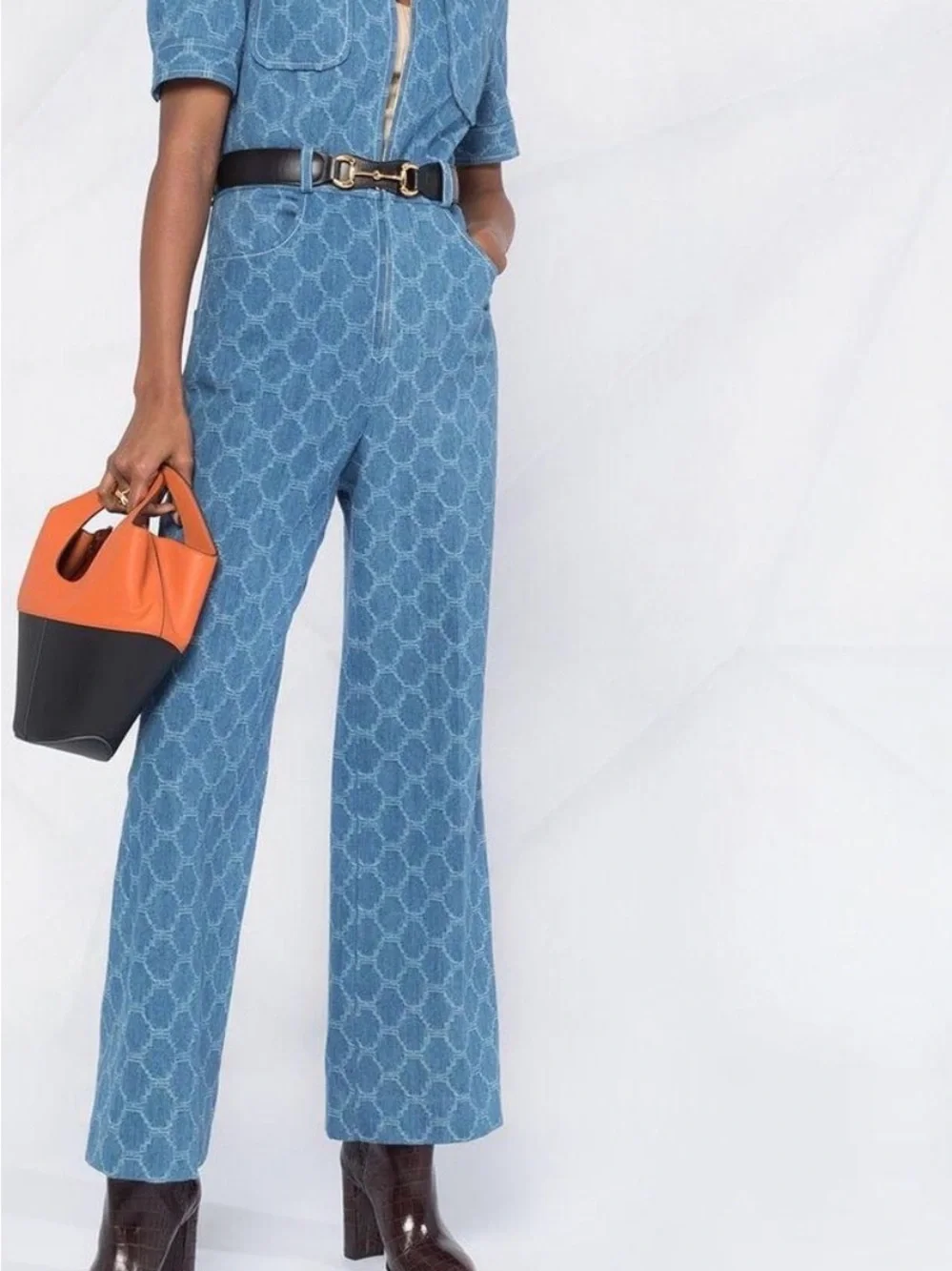 SANDRO Kelly Jacquard Denim Wide Leg Jumpsuit Euro 36 Size 4 - Picture 7 of 10
